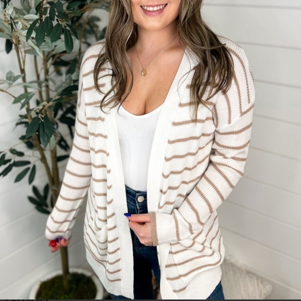 B Cool Ivory Cream & Brown Striped Cardigan With Pockets